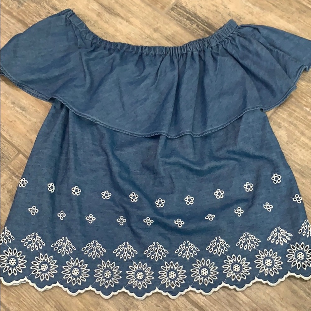 Blue and white floral off shoulder top